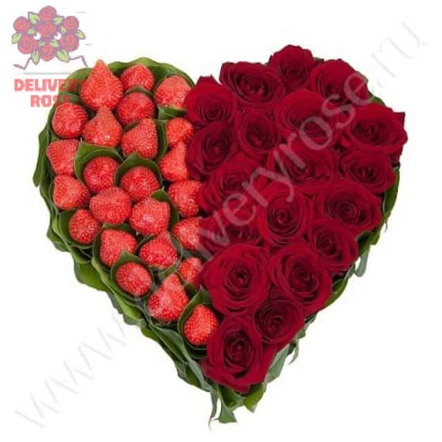 Сердце из 19 красных роз и клубники 