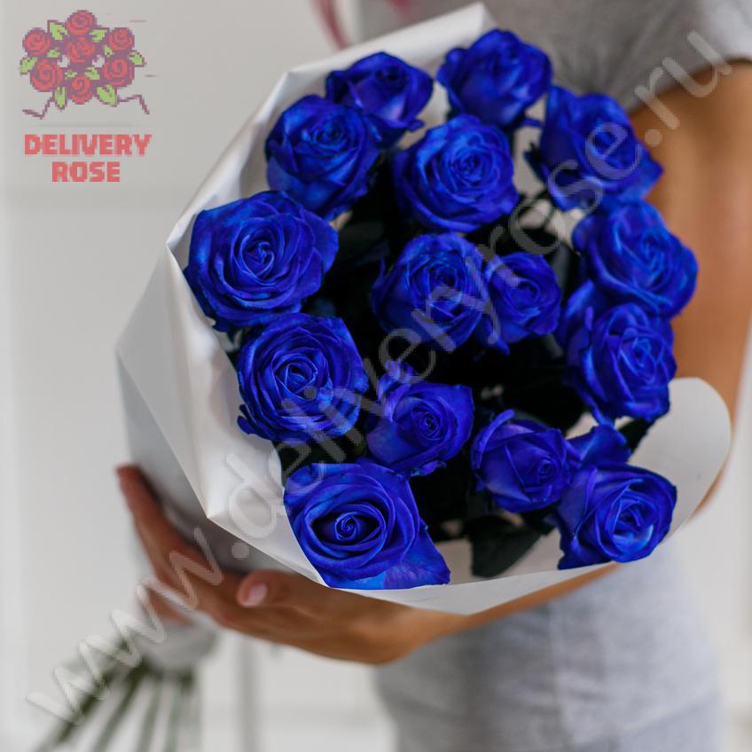 Букет из 15 натуральных синих роз 70-90 см