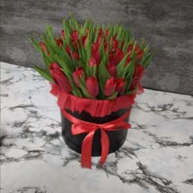 Тюльпаны в черной шляпной коробке